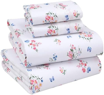 RUVANTI 100% Cotton Percale King Sheets, King Size Sheets Set, Funa Flora