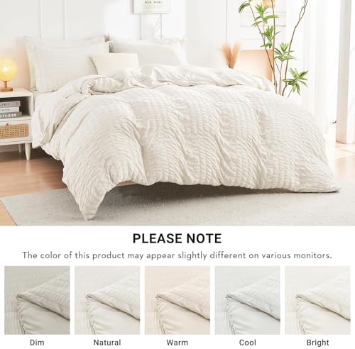 HYMOKEGE Ivory King Size Comforter Set Seersucker 7 Pieces, All Season Luxury Bed in a Bag for Bedroom, Bedding Set with Comforters, Sheets, Pillowcases & Shams