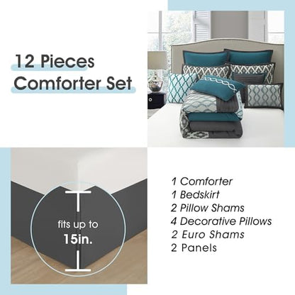 LANCO MODERN LIFESTYLE King Size Comforter Set, Blue, 12 Piece Room in a Bag for All Seasons, Luxury Extreme Comfort Bedding Sets with Curtains, Bedskirt, Pillow Shams, Euro Shams and Decor Pillows