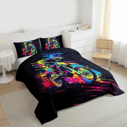 Feelyou Motocross Comforter Set King Dirt Bike Bedding Set for Kids Boys Girls Colorful Splatter Art Duvet Quilt Motorcycle Bedroom Decor Extreme Sports Microfiber 3 Pcs with 2 Pillow Cases
