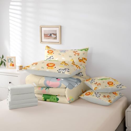 Erosebridal Kids Zoo Animal 7 Piece Comforter Set Twin for Nursery Bedroom | Cute Wild Animals Bedding Set Lion Elephant Crocodile Wildlife Sheets Safari Wild Print Quilt Natural Theme Bed Set