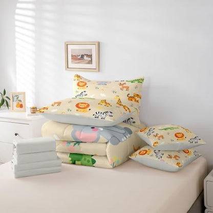 Erosebridal Kids Zoo Animal 7 Piece Comforter Set Twin for Nursery Bedroom | Cute Wild Animals Bedding Set Lion Elephant Crocodile Wildlife Sheets Safari Wild Print Quilt Natural Theme Bed Set