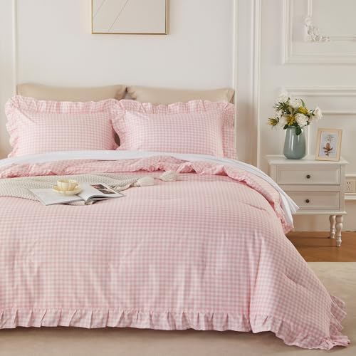 Cupocupa Gingham Ruffle Comforter Set King - 3 Piece Pink Checkered Bedding Set - Aesthetic Cottagecore Ruffled Farmhouse Comforter with 2 Pillow Shams - Soft, Lightweight All Season Bedding