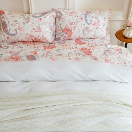 FADFAY Premium Cotton Percale Full Sheet Set, Vintage Pink Paisley Floral