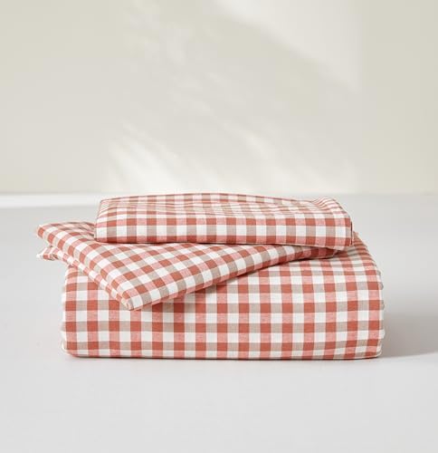 SAPHREAS Gingham Duvet Cover Set Full Size, 100% Washed Cotton Linen Like Plaid Comforter Cover with Zipper Closure & Corner Ties (No Comforter), 80x90 Brick Red