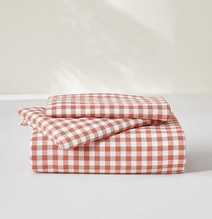 SAPHREAS Gingham Duvet Cover Set Full Size, 100% Washed Cotton Linen Like Plaid Comforter Cover with Zipper Closure & Corner Ties (No Comforter), 80x90 Brick Red