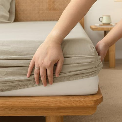 BESTOUCH Full Washed Cotton Linen Feel Sheet Set 4 Pcs Almond Milk Grey