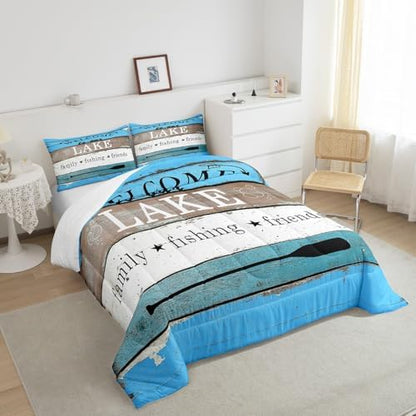 Manfei Rustic Lake Comforter Set Full Size, Lake Camping Bedding Set 3pcs for Kids Boys Teens Bedroom Decor, Vintage Wooden Stripe Print Quilt Set with 2 Pillowcases, Farmhouse Duvet Set