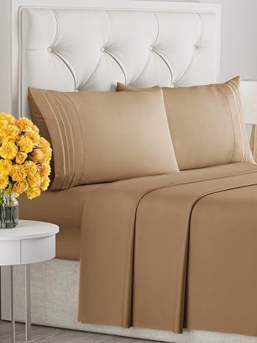 Queen Size 4 Piece Sheet Set - Ultra Soft & Cooling Bed Sheets - Caramel
