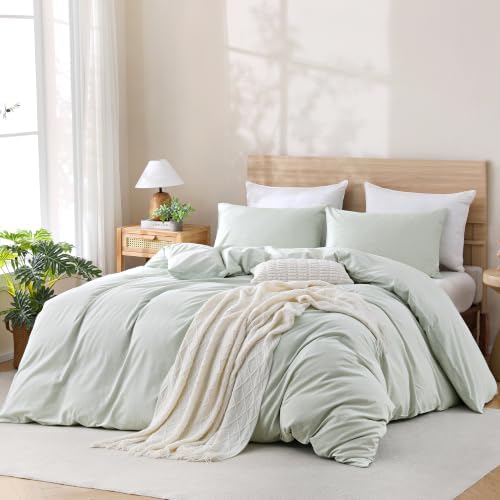 TOCOMOA Sage Green Striped Duvet Cover Set Washed Cotton Like Linen, Queen