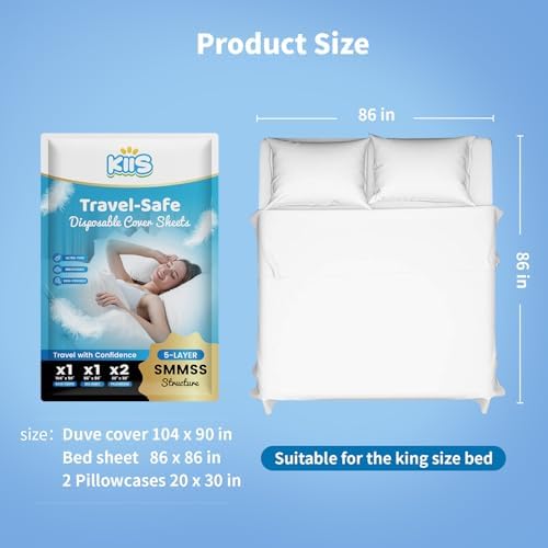 KIIS Travel-Safe Disposable Cover Sheets for Travel, Disposable Bed Sheet, Disposable Duvet/Comforter Cover, Disposable Pillowcases, Perfect for Hotels & Trips (King Size)