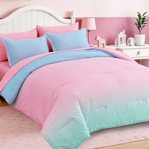 Dinjoy Girls Comforter Set 7 Pieces, Queen Size Colorful Ombre Rainbow Bedding Set, Bed in A Bag for Kid Teen Girls (1 Comforter, 1 Flat Sheet, 1 Fitted Sheet, 2 Pillow Shams, 2 Pillowcases)