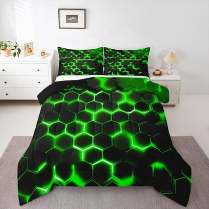 Erosebridal Geometric Comforter Set Full Size,Teen Boys Green Black Neon Light Honeycomb Bedding Sets,Hexagon Comforter Modern Fashion Quilted Duvet 2 Pillow Cases Home Room Decor