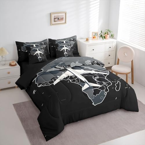 Erosebridal Boys Airplane Bedding Set Queen 7 Pcs Aircraft Comforter Set with Sheets Gradient Gray World Map Bed in A Bag for Kids Teens Men Modern Transportation Plane Bed Sets for Aviation Lovers