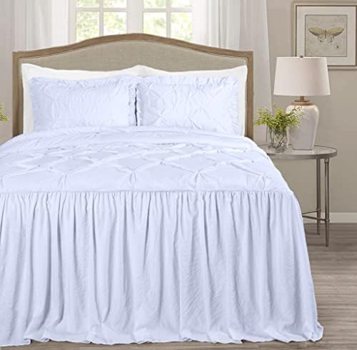 Chezmoi Collection Aria 3-Piece Pinch Pleat Pintuck Ruffle Skirt Bedspread Set - French Country Chic Farmhouse - King, White
