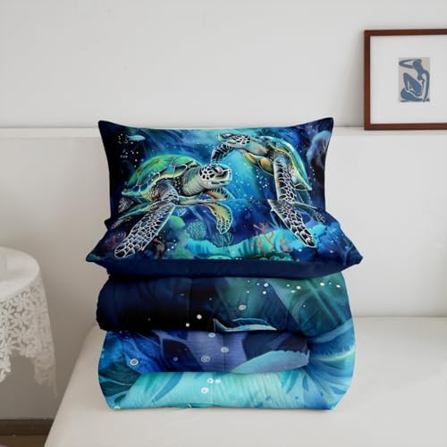 Homewish Sea Turtle Comforter Set Twin Size,Cute Sea Animal Bedding Sets for Kids Gilrs Boys Teens Adult Room Decor,Colorful Coral Pattern Down Comforter Blue Green Reversible Quilt Set,1 Pillowcase