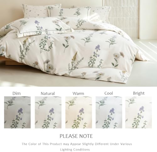 Queen Comforter Set 3 Pieces, 100% Cotton Botanical Flower Floral Bedding Set for All-Season, Soft Breathable Comforter with 2 Pillow Shams