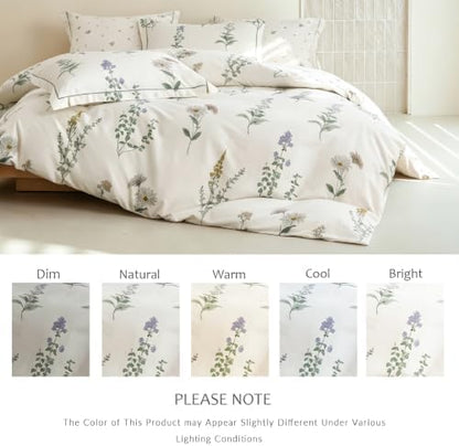 Queen Comforter Set 3 Pieces, 100% Cotton Botanical Flower Floral Bedding Set for All-Season, Soft Breathable Comforter with 2 Pillow Shams