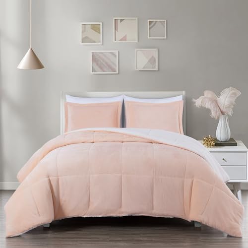 Chezmoi Collection Ultra-Soft Micromink Sherpa Comforter Set with 2 Pillow Shams Queen Size - Blush Reversible Plush Bedding Comforter 3-Piece Set Warm Winter Blanket