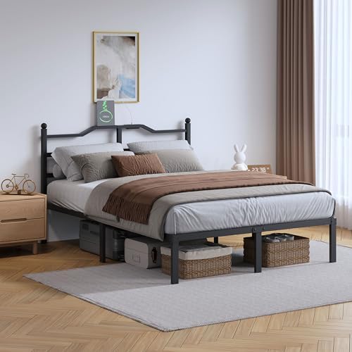 SHOANED 14 Inch Metal Bed Frame - Full Size Heavy Duty Bedframe with Charging Station & Headboard Basic Steel Slats Platform No Box Spring Needed/Easy Assembly/Noise Free