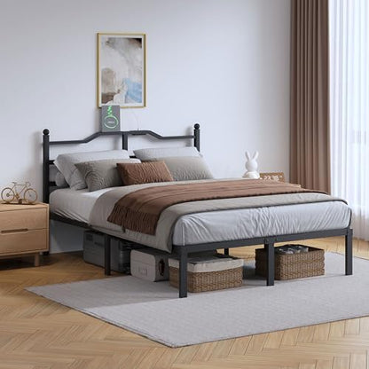 SHOANED 14 Inch Metal Bed Frame - Full Size Heavy Duty Bedframe with Charging Station & Headboard Basic Steel Slats Platform No Box Spring Needed/Easy Assembly/Noise Free