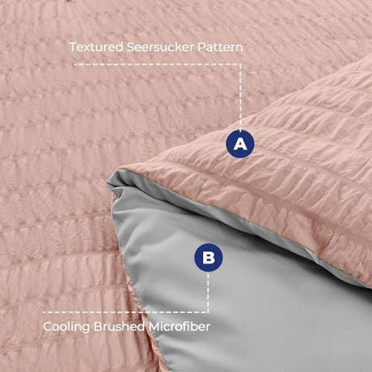 HYMOKEGE Rose Gold/Light Grey Twin XL Comforter Set Seersucker 5 Pieces, All Season Luxury Bed in a Bag for Bedroom, Bedding Set with Comforter, Sheets, Pillowcase & Sham