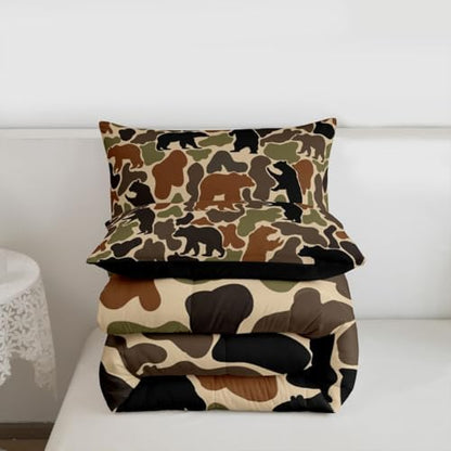 Army Green Camouflage Comforter Set Queen Size,Brown Black Bear Silhouette Bedding Sets 3Pcs for Women Room Decor,Hunting Bear Camo Quilted Duvet Hunter Military Theme Down Comforter,2 Pillowcases