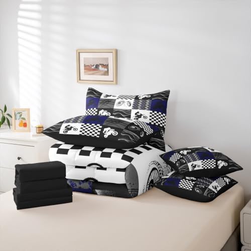 Erosebridal Dirt Bike Queen Comforter Set 7 Pieces, Motocross Rider Bed in A Bag, Motorcycle Grunge Bedding Set with Comforters, Sheets, Pillowcases Motorbike Extreme Sport Game Buffalo Plaid