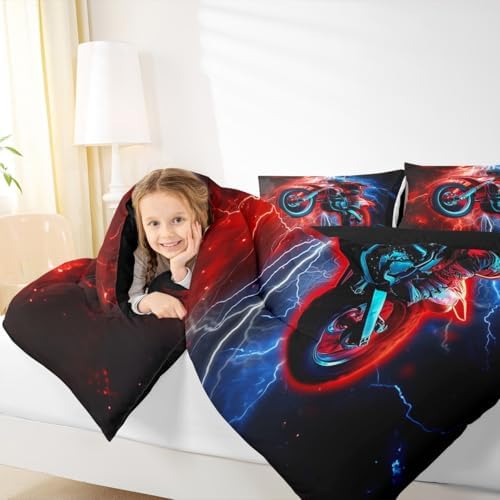 Feelyou Red Racing Motocross Rider Kids Bedding Set,Boys Girls King Size,Dirt Bike Comforter Set,Red and Blue LightningUltra Soft Duvet Quilt,Extreme Sports Comforter Motorbike Bedroom Decor
