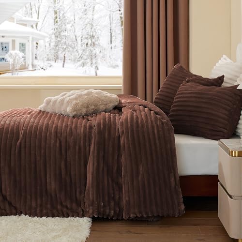 BEDELITE Fleece Full Comforter Set, Fluffy Bed Set, Hot Chotolate