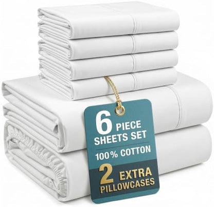 Casa Platino King Size Sheets Set –100% Cotton King Sheets with 4 Pillowcases, Lightweight Feel & Secure Fit, Crisp & Breathable Percale Weave with 15" Deep Pocket, Soft and Cozy – Pure White