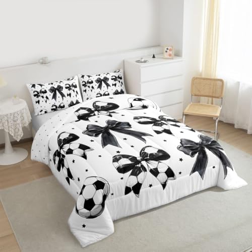 jejeloiu Soccer Ball Bow Kids Comforter Set King Size Football Bedding Set Watercolor Bow Duvet Quilt for Kids Boys Girls Bedroom Rugby Sports Decor Microfiber Ultra Soft Breathable