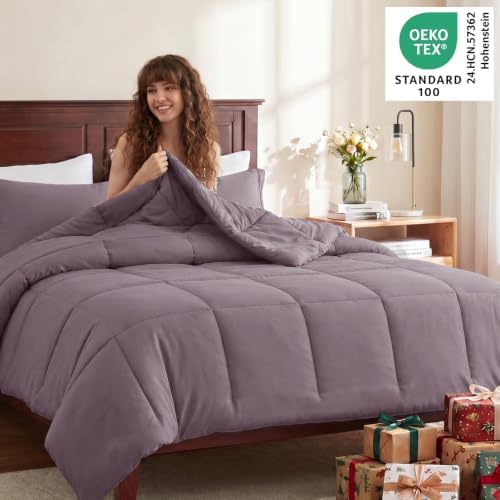 CozyLux Queen Size Comforter Set, 3-Piece Box-Stitched, Dusty Purple