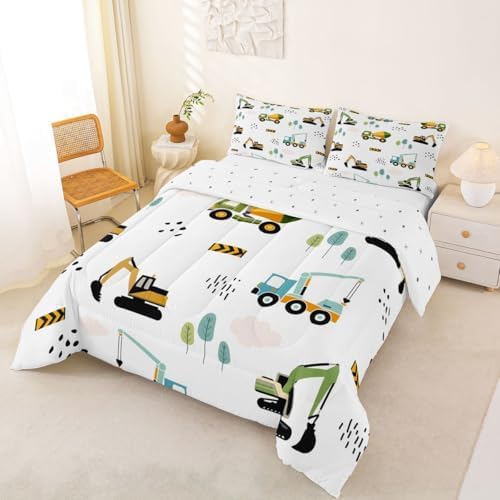 Feelyou Excavator Kids Comforter Construction Trucks Comforter Set for Boys Teens Heavy Vehicles Decor Bedding Set Cartoon Cars Green Orange Quilt with 2 Pillowcases 3Pcs Bedding Full Boys