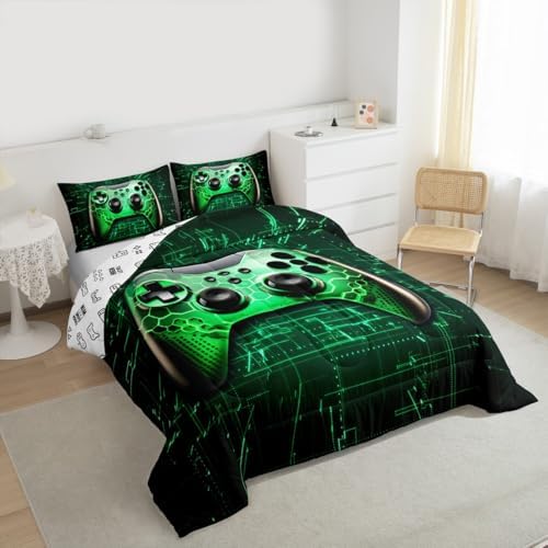 Modern Gamepad King Size Comforter Set,Kids Green Geometric Gradient Game Decor All Season Bedding Set,Teens Video Games Comforter,Cool Player Gaming Decor Quilt Set Bedroom Collection 3Pcs