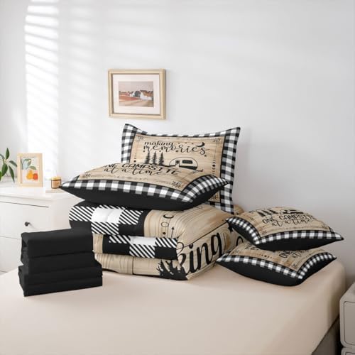Erosebridal Camper Decorations Comforter Set - 7 Pieces Happy Camping Bedding Sets Queen Bed in A Bag Boho Sun Moon Comforter, Wooden Planks Sheets, Rustic Farmhouse Pillowcases & Throw Pillow Covers
