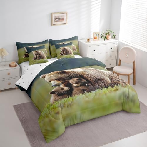 Erosebridal Grizzly Bear Comforter Set Twin Brown Bear Family 7 Piece Bedding Set Rustic Farmhouse Bed in a Bag Country Animals Sheet Set with Comforter Western Hutning Cabin Lightweight Decor