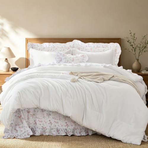 WONGS BEDDING 8PC Queen Comforter Set, Ruffle Comforter with Floral Sheets