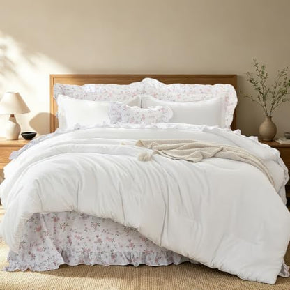 WONGS BEDDING 8PC Queen Comforter Set, Ruffle Comforter with Floral Sheets