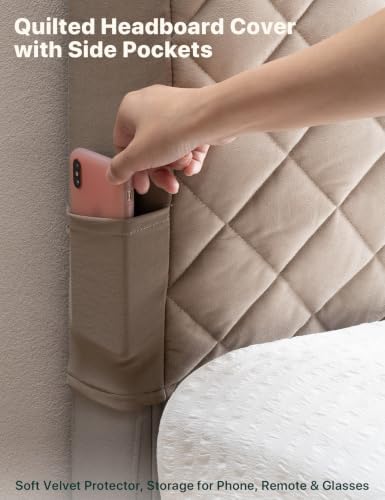 Velvet Bed Headboard Cover Slipcover - Stretch Quilted & Thicken Dustproof Protector for Queen/King, Washable Decorative Headboard Cover for Bedroom (Khaki, 59x27.5 inch)