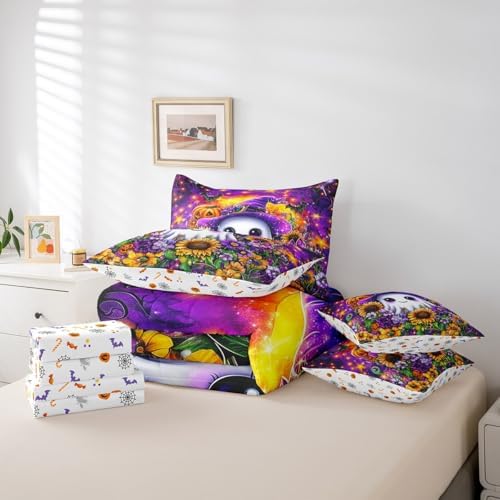 Erosebridal Halloween Theme King Comforter Set 7 Piece for Kids Boys Girls Room Decor Cartoon White Ghost Sunflower Print Bed in A Bag with Sheets Pumpkin Bedding Set Purple Bed Set