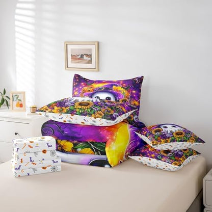 Erosebridal Halloween Theme King Comforter Set 7 Piece for Kids Boys Girls Room Decor Cartoon White Ghost Sunflower Print Bed in A Bag with Sheets Pumpkin Bedding Set Purple Bed Set