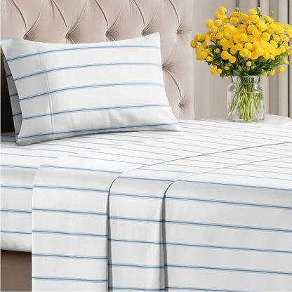 Twin 3 Piece Striped Sheet Set - Soft, Breathable & Cooling - Blue Stripe