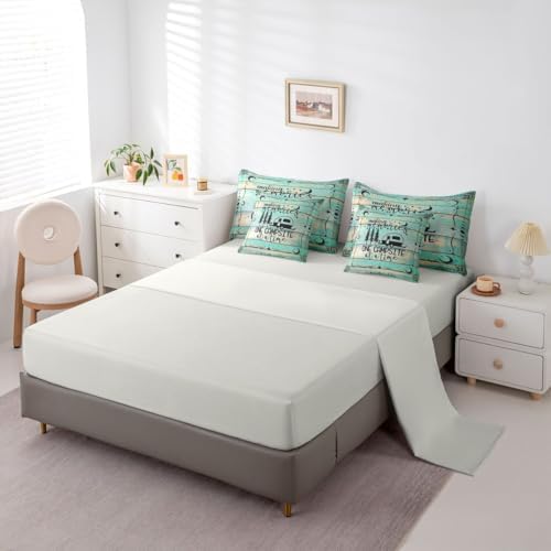 Erosebridal 7 Pieces Rv Camper Bed Set King Happy Camping Comforter and Sheets - Country Rustic Farmhouse Bed in A Bag for Kids Teens Adult,Vintage Wooden Barn Door Comforter Green Bedding Sheet Set