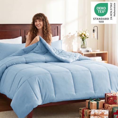 CozyLux Oversized Queen Comforter Set, 3-Piece Box-Stitched, Baby Blue