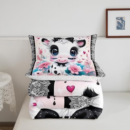 Feelyou Kids Cute Highland Cow Comforter Set Full Size Cartoon Highland Cattle Bowknot Bedding Set Boys Girls Flowers Floral Pattern Quilt Set Black Lace Pattern Bed Set