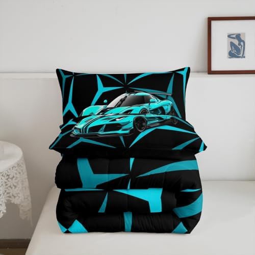 Castle Fairy Teal Speed Race Car Comforter Set Toddler Size,Extreme Sport Theme Abstract Geometric Lines Bedding Set,Kids Teens Adult Room Decor,Racing Car Down Comforter,2 Pcs 1 Pillowcase