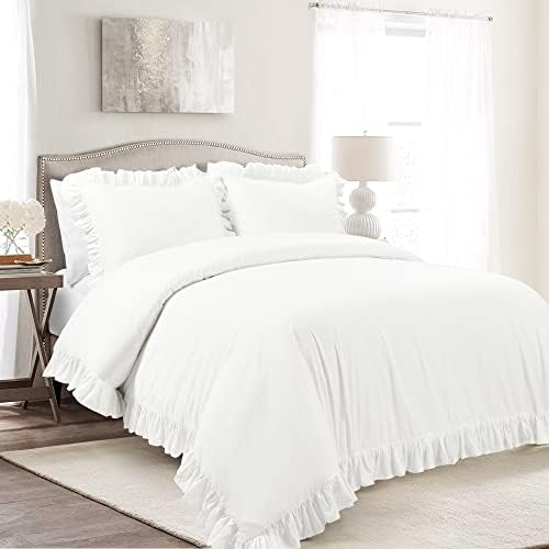 Lush Decor Reyna Ruffle Cotton Duvet Cover Set 3 Piece Set King, Pure White - King Size Bedding Set - White Duvet King- Ruffled Bedding - Coquette Decor