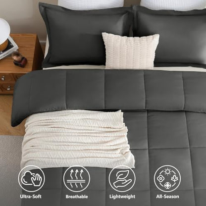 CozyLux Oversized Queen Comforter Set, 3-Piece Box-Stitched, Dark Grey