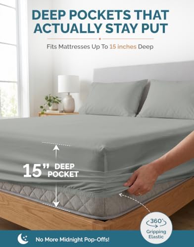 Casa Platino Bed Sheets Cal King – 100% Cotton Cal King Size Bed Sheet Set with 4 Pillowcases, Cool and Soft Percale Fabric, All-Season Comfort, Ultra Soft with 15" Deep Pocket Fitted Sheet – Grey